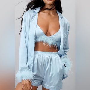 Nasty Gal Feather Trim 3 Piece Short Pajama Set